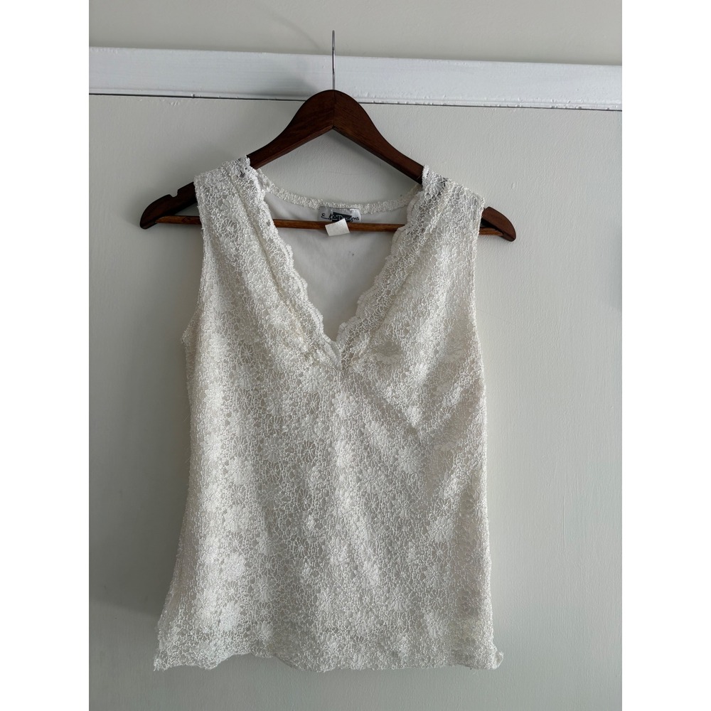Vintage E.K. Designs Ivory Floral Lace V-Neck Sleeveless Blouse Top Small USA